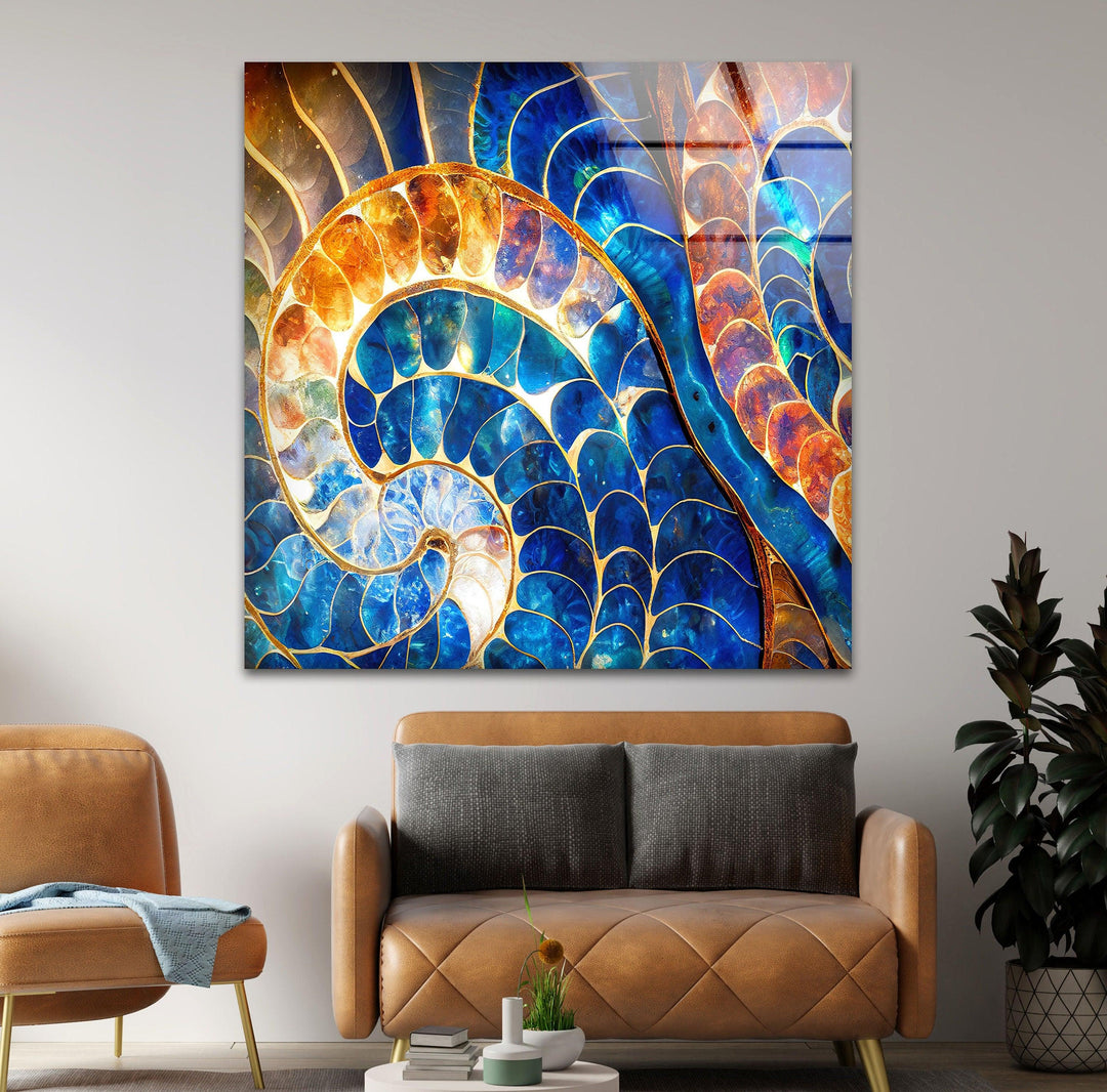 Blue & Orange Shell Glass Wall Art photo print on glass, prints on glass wall art
