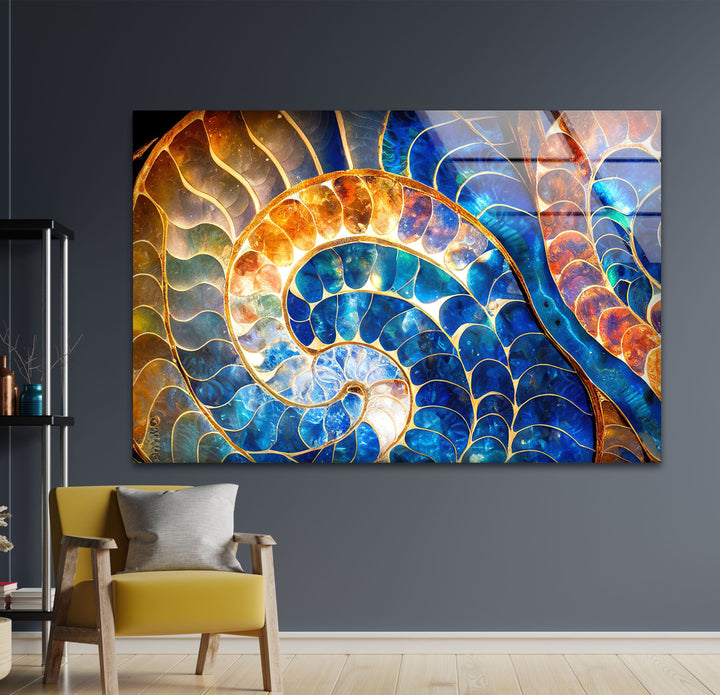 Blue & Orange Shell Glass Wall Art large glass photo prints, glass wall photos