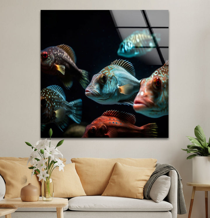 Colorful Fish Swimming Glass Wall Art glass photo prints, glass picture prints