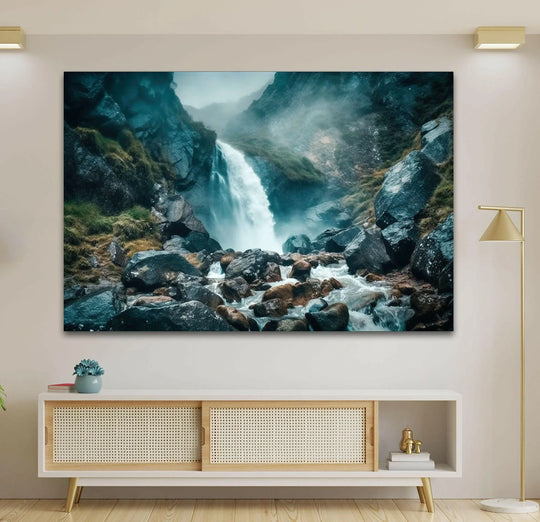Beautiful nature-inspired glass artwork of a powerful waterfall flowing in the mist.
