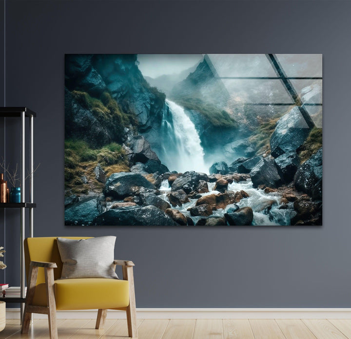 Majestic water scene featuring a waterfall enveloped by mist, a serene nature wall print on glass.
