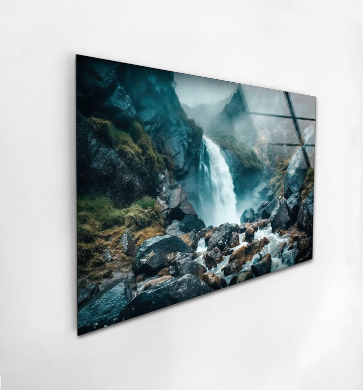 Tranquil waterfall in mist captured on glass, adding natural beauty to your space.
