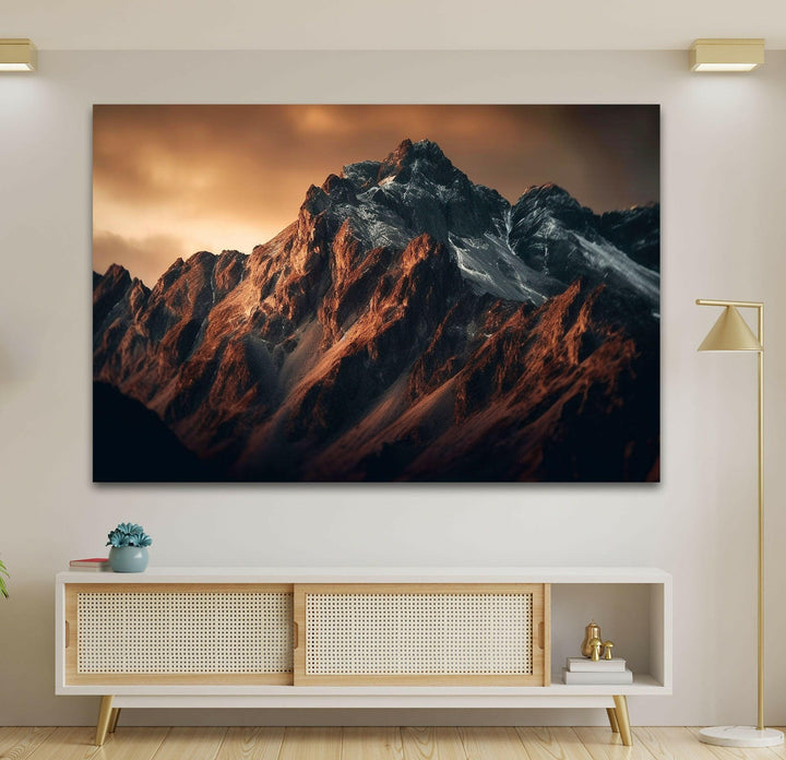 Dramatic mountain landscape print on glass that brings nature’s grandeur into your home.
