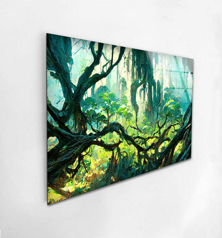 Tranquil woodland scenery art print on glass, evoking a peaceful atmosphere for your home.
