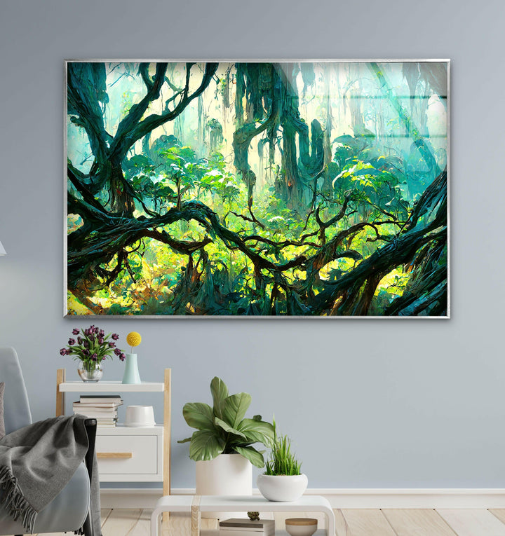 Dreamy forest art print on glass with vibrant greens and calming forest vibes.
