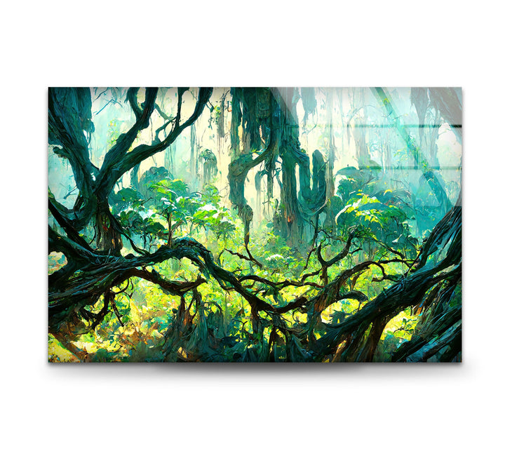 Serene nature artwork of an enchanted forest, printed on tempered glass for lasting beauty.
