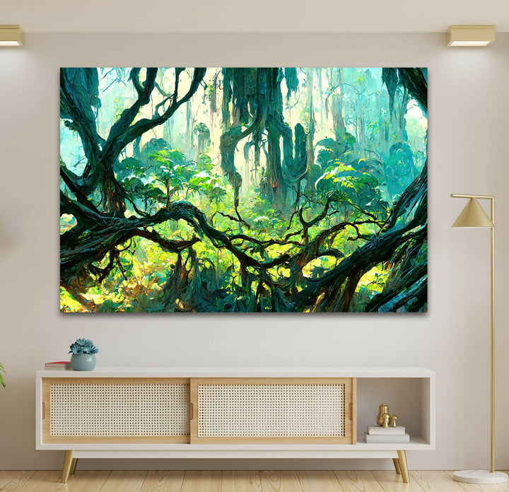 Stunning nature print of an enchanted forest scene on durable glass, bringing tranquility to any space.
