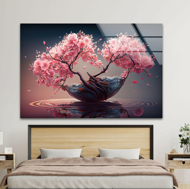 Japanese Abstract Pink Blossom Tree Glass Wall Art, glass photo prints, glass picture prints