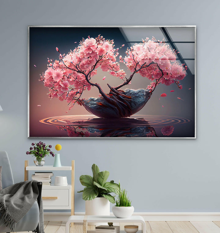 Japanese Abstract Pink Blossom Tree Glass Wall Art, glass pictures for Wall, glass prints wall art
