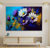 a painting of white and purple flowers on a blue background