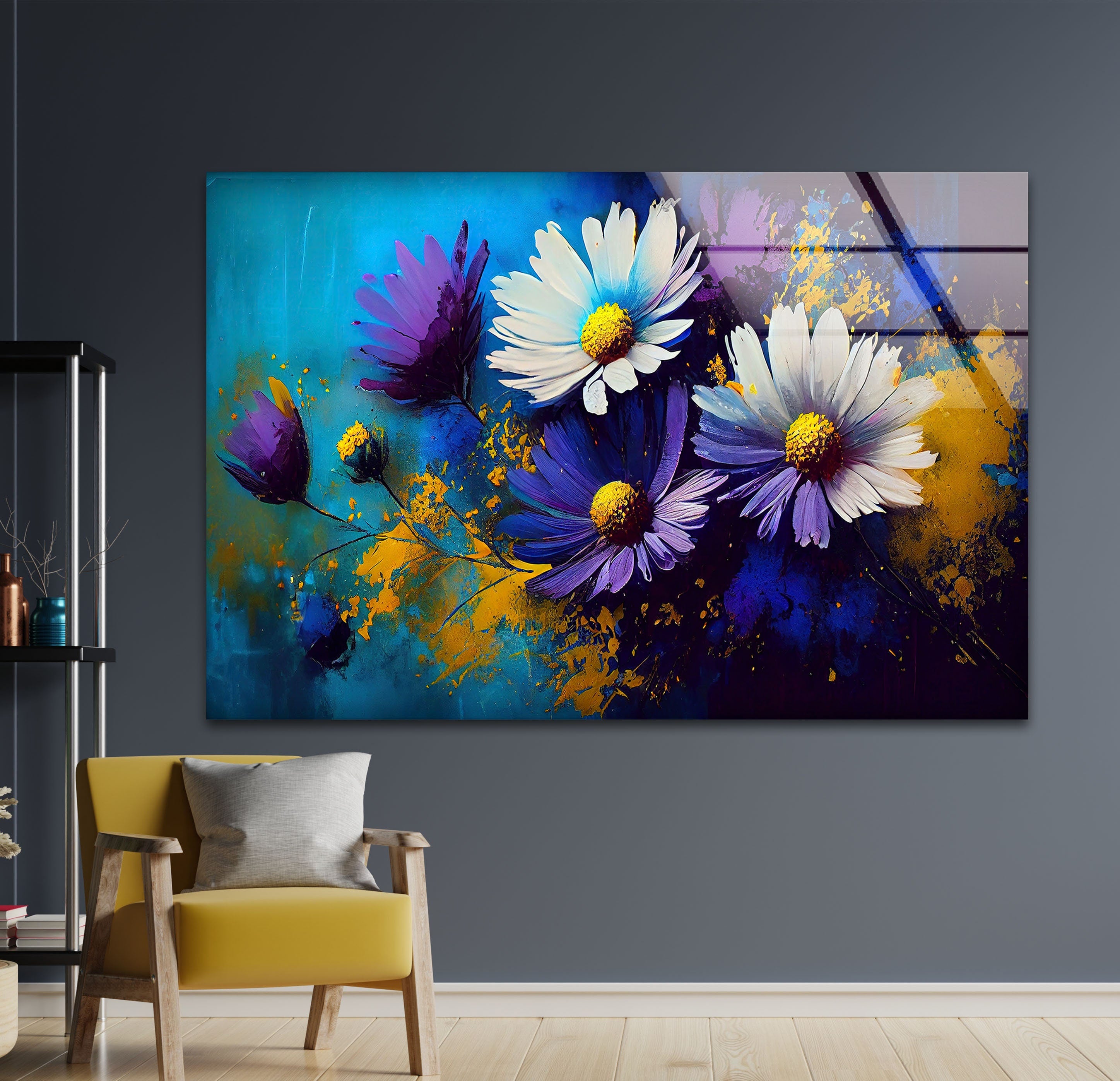 a painting of daisies on a blue and yellow background