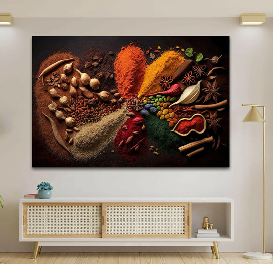 Dried spices glass wall art displaying vibrant turmeric, chili powder, and cardamom arranged horizontally above a wooden sideboard in a modern living room.