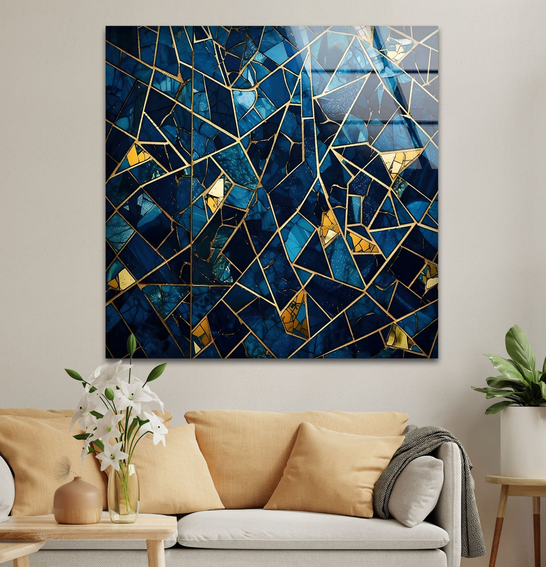 Stained Blue Geometric Glass Wall Art Glass Printing Wall Art, Print photos on glass