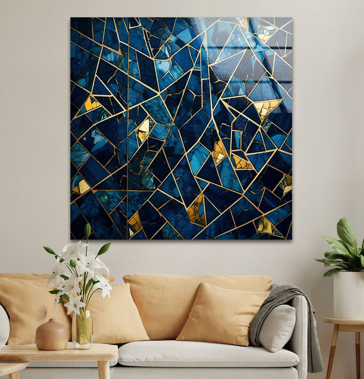 Stained Blue Geometric Glass Wall Art Glass Printing Wall Art, Print photos on glass