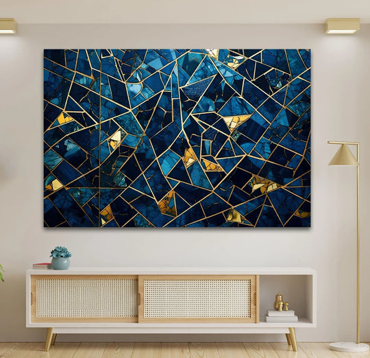 Stained Blue Geometric Glass Wall Art print picture on glass, Tempered Glass Wall Art