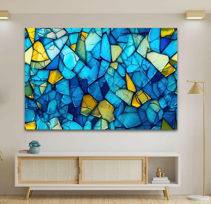 Mosaic Blue & Yellow Glass Wall Art picture on glass wall art, photos printed on glass