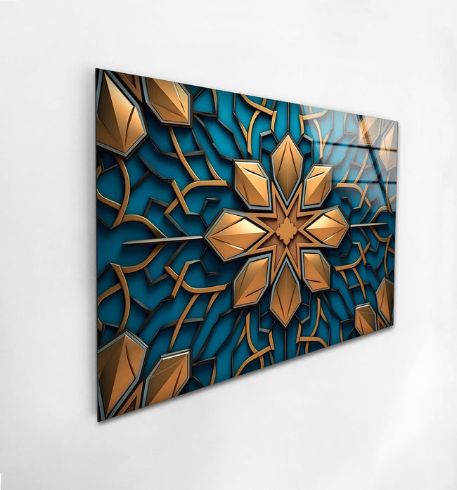 a painting of a gold and blue flower on a white wall