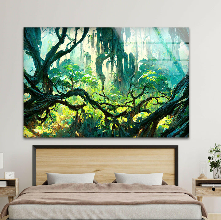 Mystical forest landscape captured in rich colors, perfect for nature lovers' home décor.
