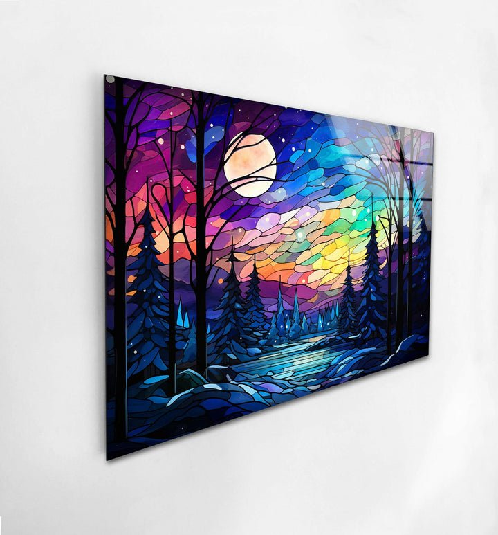 Unique stained glass forest scene, capturing the beauty of a winter landscape in vibrant hues.
