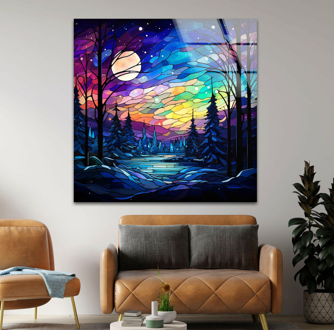 Stained glass-inspired art print of a peaceful winter scene, full of rich colors and nature's charm.

