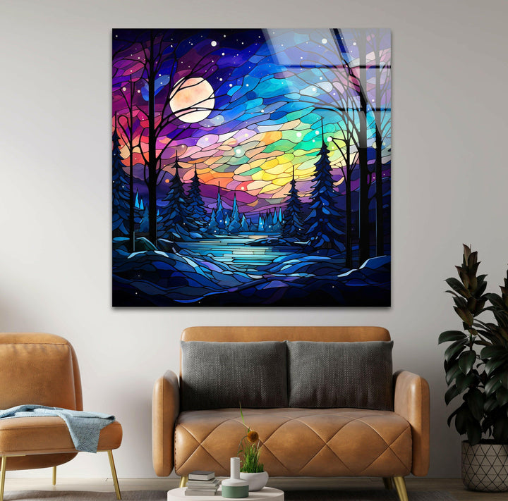 Stained glass-inspired art print of a peaceful winter scene, full of rich colors and nature's charm.
