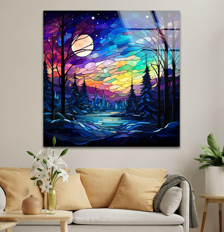 Stained glass winter forest scene, offering intricate details and vibrant colors for a stunning focal point.
