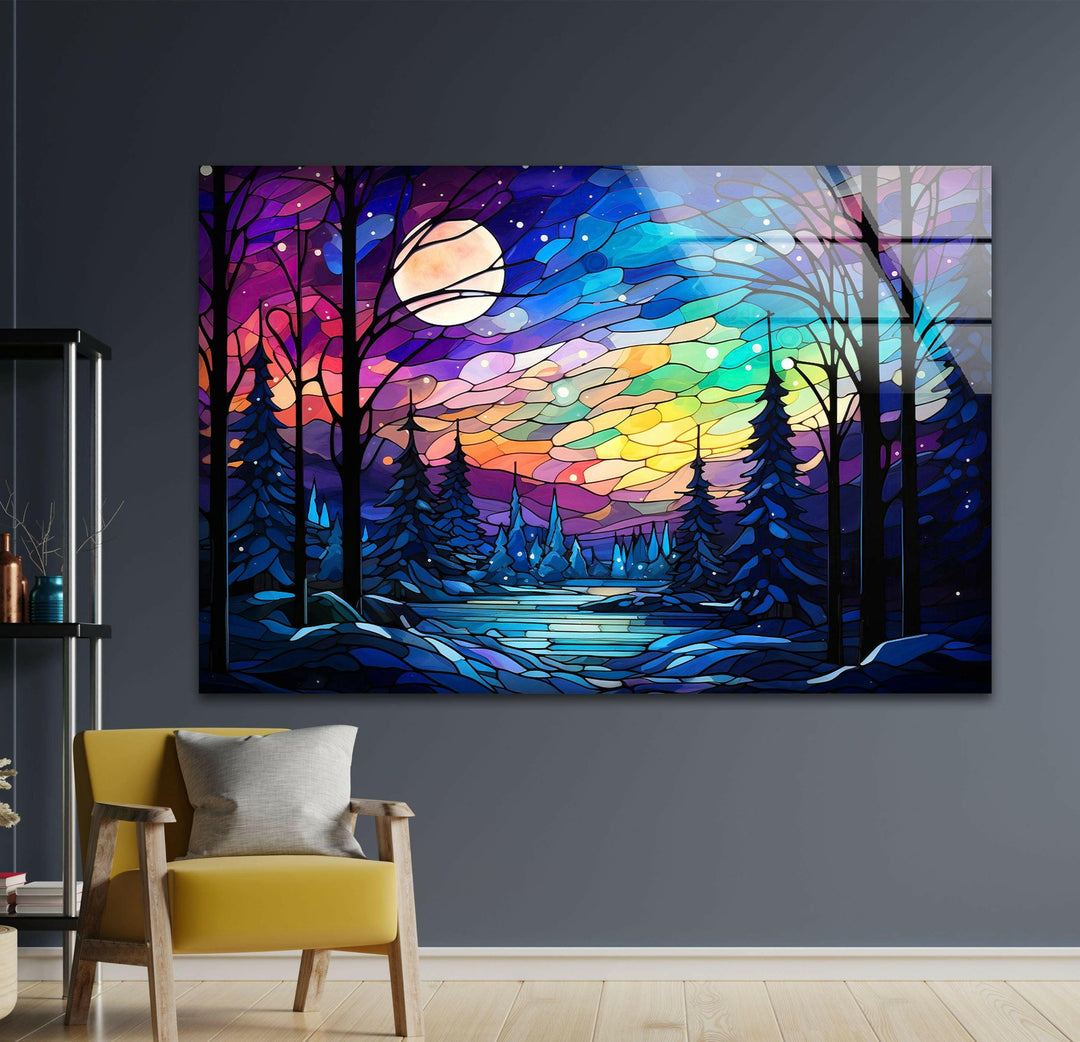 Intricate winter forest art print on glass, featuring colorful stained glass effects for a bold statement.
