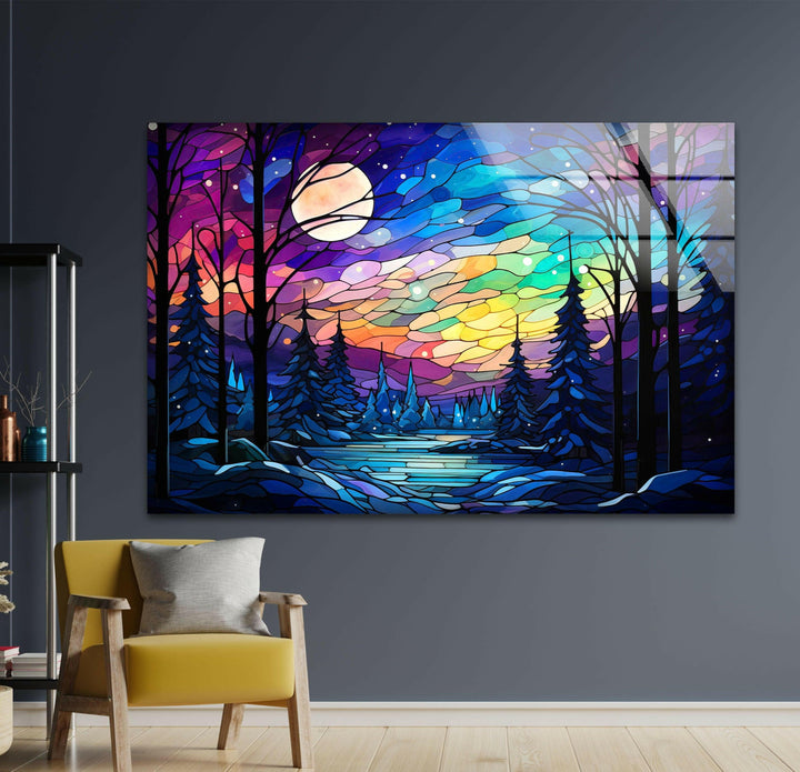 Intricate winter forest art print on glass, featuring colorful stained glass effects for a bold statement.
