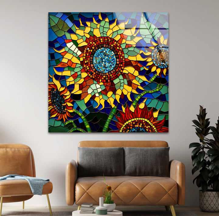 Mosaic Of Sunflowers Glass Wall Art, glass pictures for Wall, glass prints wall art