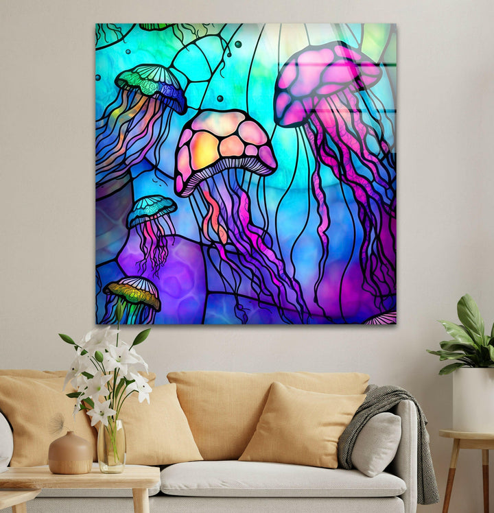 Colored Jellyfish Glass Wall Art print on glass, glass printed photos