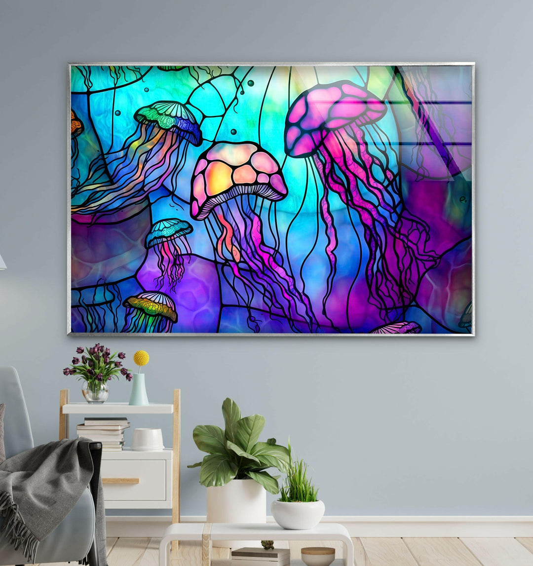 Colored Jellyfish Glass Wall Art             glass wall decor, glass wall art decor