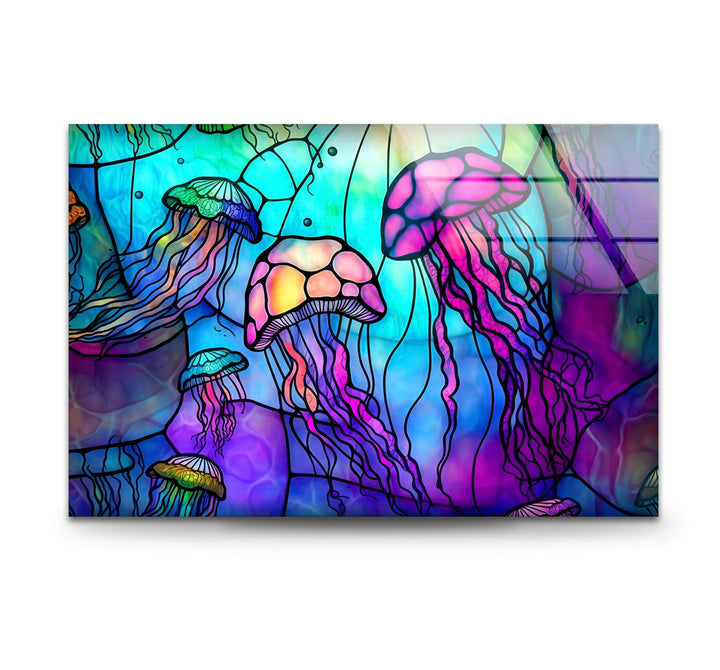 Colored Jellyfish Glass Wall Art photo print on glass, prints on glass wall art