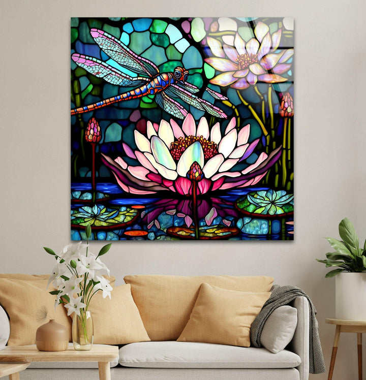 Stained Glass Dragonfly With Flower Glass Wall Art, art glass wall art, glass wall art pictures