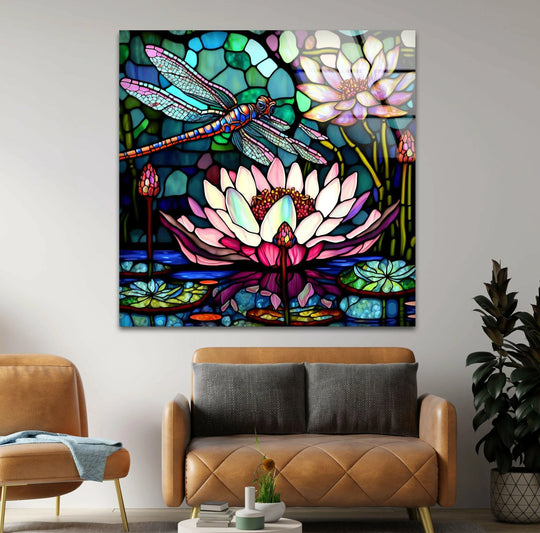 Showcasing the layering effect, this stained glass dragonfly with flower tempered glass wall art features a vivid, dimensional design.