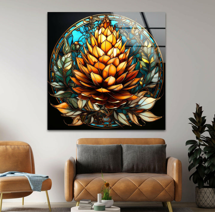 Stained Pine Cone Glass Wall Art photo print on glass, prints on glass wall art