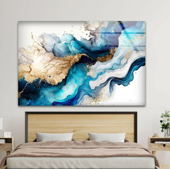 Rich navy and sapphire fluid swirls with golden accents create an abstract wall art print with dynamic energy.