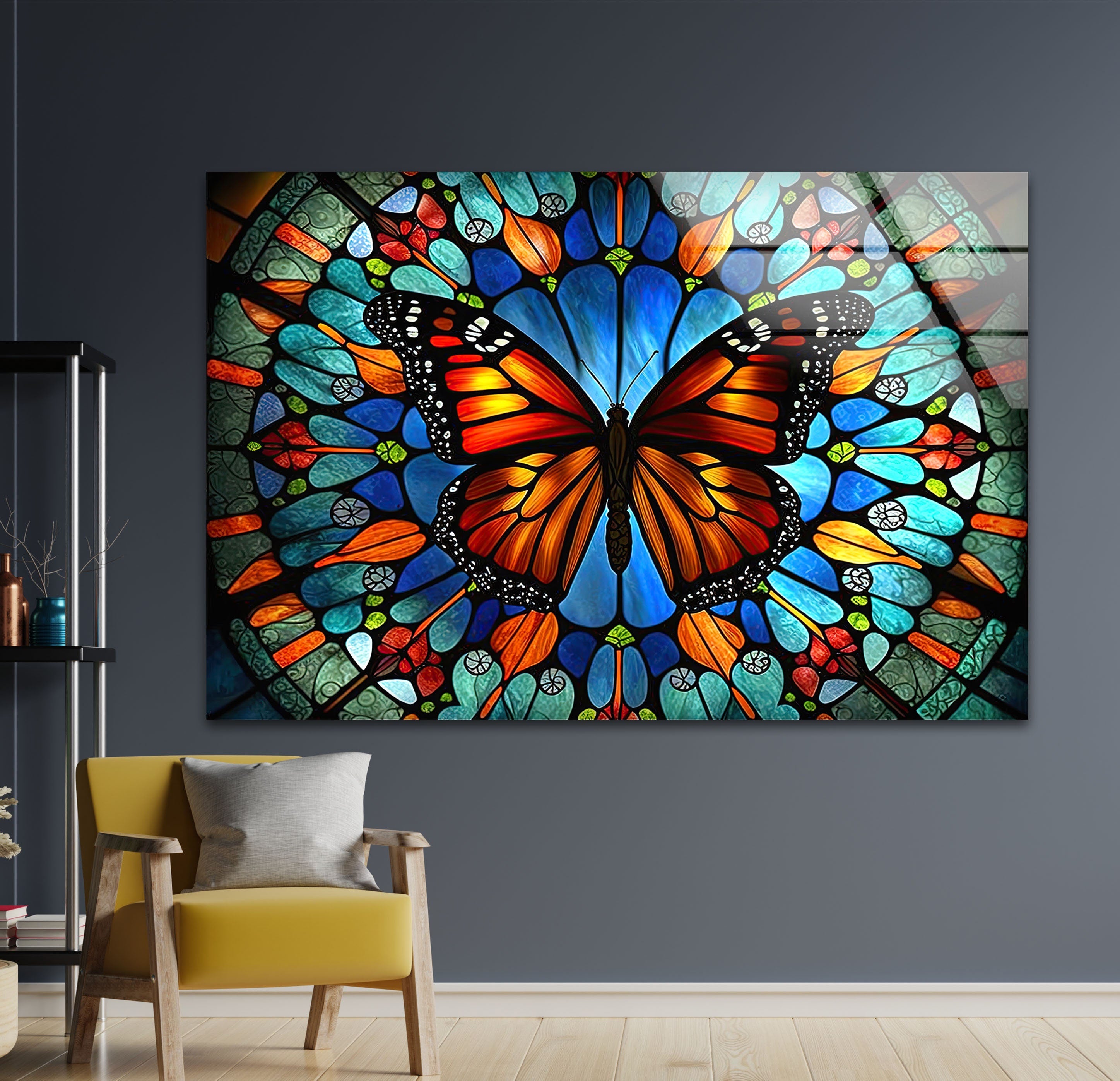 a painting of a colorful butterfly on a gray wall