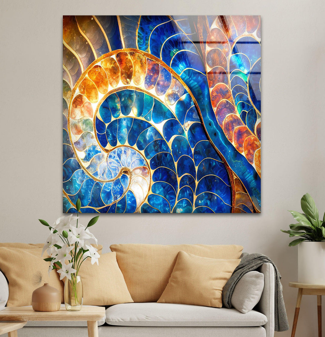 Blue & Orange Shell Glass Wall Art Glass Printing Wall Art, Print photos on glass