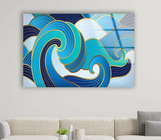 Turquoise abstract glass wall art displays striking color contrast between deep navy, azure, and bright cyan waves with subtle gold accents.