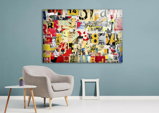 Fragmented collage of vivid colors and bold text on glass wall art, a striking focal point of best glass art.