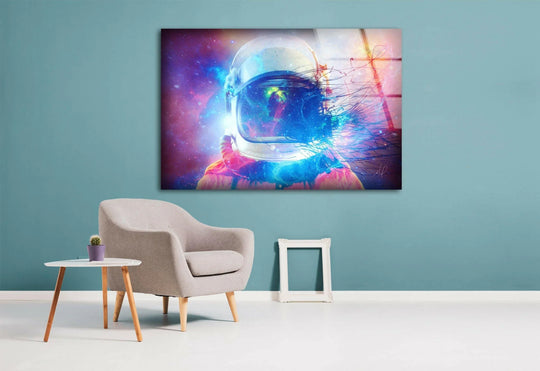 Space Wall Art showing a colorful neon astronaut wearing a helmet is an eye catching space wall art and vibrant glass printed wall decor