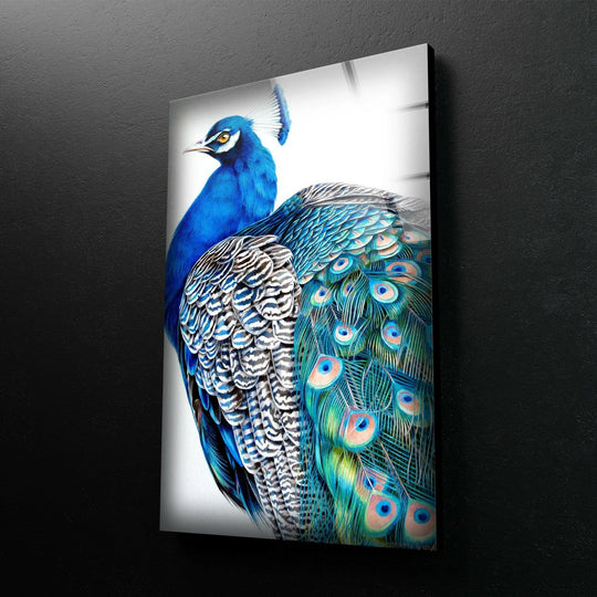 Peacock portrait is vibrant animal glass wall art with blue and teal plumage adding elegance to decor and is ideal as avian home art on display