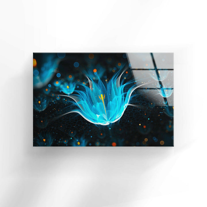 Neon Blue Flower Glass Wall Art, custom glass photo prints, large glass prints