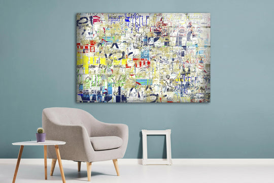 A bold graffiti street abstract glass wall art features deep navy blue geometric shapes and fragmented text.