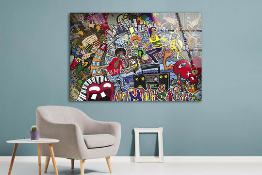 A detailed glass art painting of a vibrant, energetic graffiti pop art scene featuring abstract figures, musical instruments, and cityscapes.