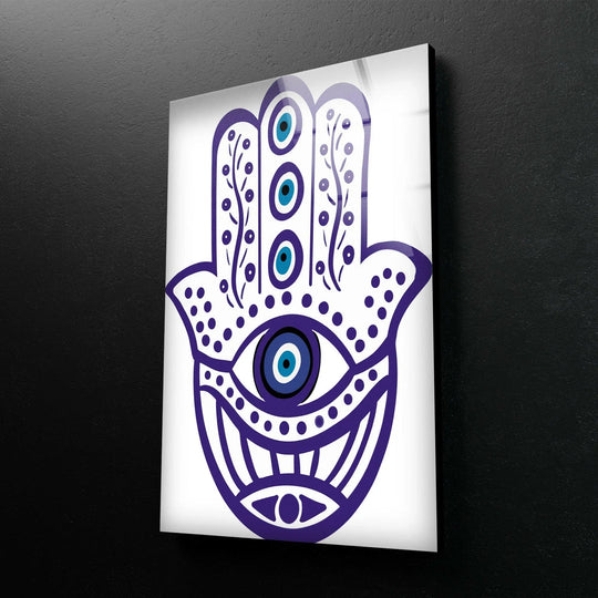 A vibrant purple hamsa hand with intricate details and a prominent evil eye, a stunning piece of glass art.