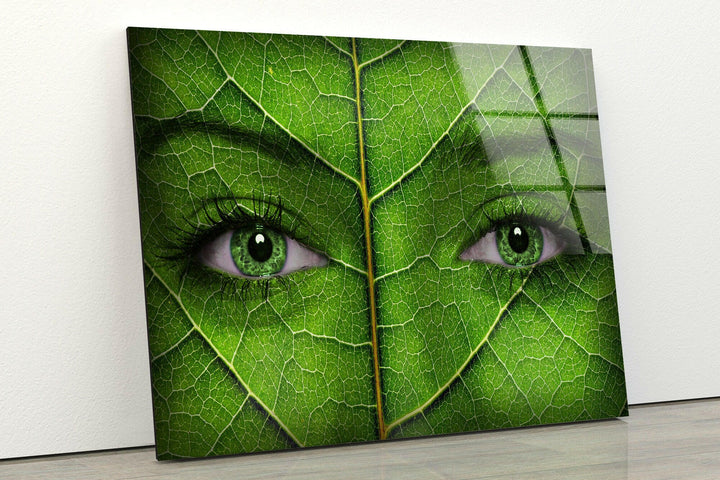 Woman Face with Green Leaf Texture Glass Wall Art