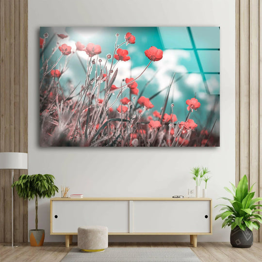A bright teal sky with soft clouds forms the serene backdrop for this stunning red poppies hanging wall art.
