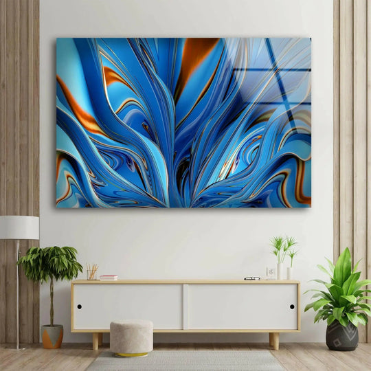 Flowing abstract glass print wall art creates visual rhythm with swirling blue and orange forms.