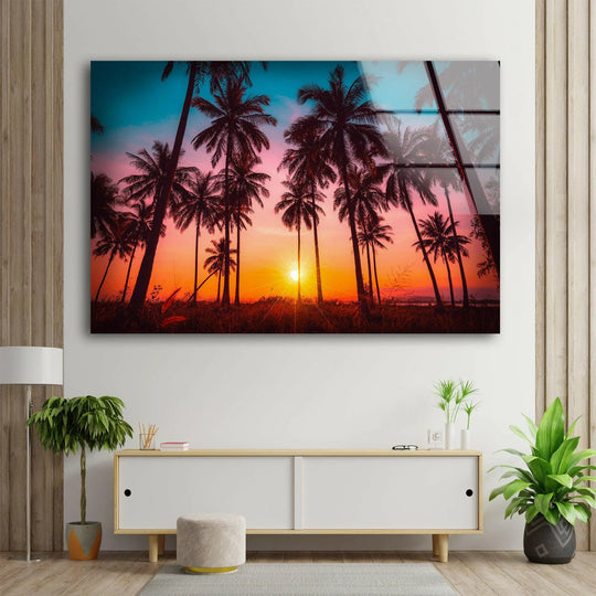 Landscape Palm Trees On Beach At Sunset glass wall art sunlit palms and sunset beach view plus versatile nature paintings